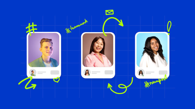 Portrait collage of diverse team members with digital icons for communication and teamwork. Concept of HR culture, corporate communication, digital branding, and online collaboration.