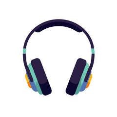 Illustration of colorful headphones with a dark band and earcups, featuring blue, teal, and yellow accents, isolated on a white background.