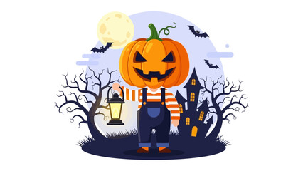 Halloween Pumpkin Character and Spooky Scenery: A spooky illustration of a cartoon figure with a jack-o'-lantern head, carrying a lantern, amidst a backdrop of a haunted house and a full moon.