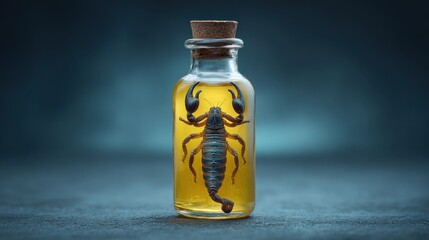 Glass jar with preserved scorpion in amber liquid against dark background showcasing entomology and natural history