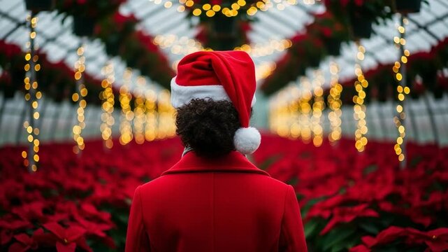 Rear view of a person with curly hair wearing a Santa hat and red coat in a festive poinsettia greenhouse with glowing bokeh lights.