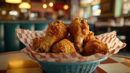Golden Crispy Fried Chicken Drumsticks in a Retro Diner Setting