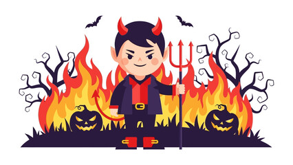 Devilish Delights: An artistic rendering of a devil with charming horns and mischievous expression standing defiantly before a backdrop of flames, pumpkins, and silhouettes.