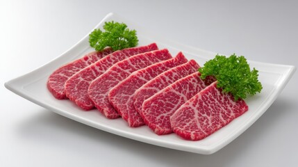 Fototapeta premium Freshly Sliced Premium Marbled Beef on Elegant White Plate with Garnish of Green Parsley