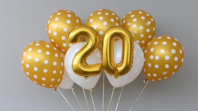 Festive Golden and White Balloons with Polka Dots Celebrating 20th Birthday or Anniversary Event