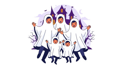 Spooky Family: A family in ghostly attire stands, their playful spirits illuminated against a haunting castle, celebrating Halloween together.
