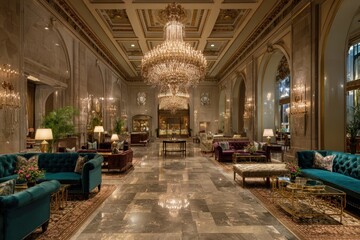 Grand Hotel Lobby with Crystal Chandelier and Elegant Furniture