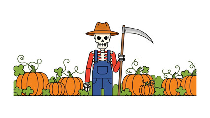 Harvest Reaper: A stylized illustration shows a skeleton figure dressed as a farmer, holding a scythe amidst a vibrant pumpkin patch, ready for harvest. 