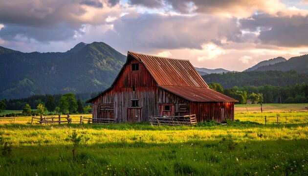 Rustic barn at sunset in a grassy field - Powered by Adobe