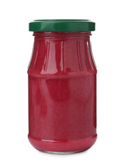 Tasty horseradish sauce with beetroot in glass jar isolated on white