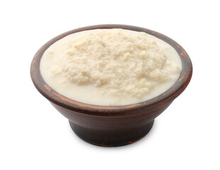 Tasty horseradish sauce in bowl isolated on white