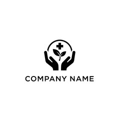 A black and white logo featuring hands cradling a plant sprout with a medical cross above it.