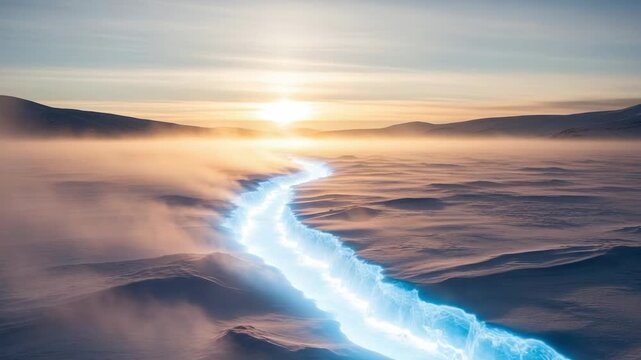 Surreal winter landscape with a glowing blue ice crevasse. Epic fantasy scenery of a frozen tundra at sunset with mist and mountains.
