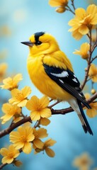 Fototapeta premium A colorful bird perched amidst blooming yellow flowers, radiating natures beauty.