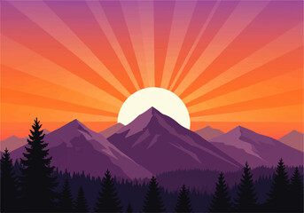 A stylized landscape illustration of mountains and a forest silhouetted against a vibrant sunset with radiating sunbeams.