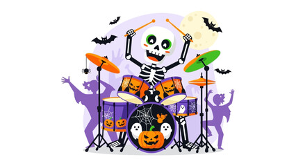 Spooky Drummer's Beat: A whimsical skeleton joyfully beats out a rhythm on a vibrant drum set, flanked by whimsical Halloween silhouettes and a full moon.