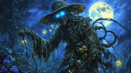 Eerie Scarecrow with Glowing Eyes Under a Full Moon Night Sky