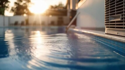 Sun glare on the pool water at sunset, creating a calming and relaxing atmosphere of rest. Ideal for advertising resorts, spa services, articles on healthy lifestyles, as well as in designs for travel