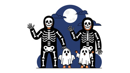 Happy Halloween: Embrace the festive spirit with this whimsical illustration of a skeleton family and their ghostly companions, silhouetted against a moonlit, halloween night.