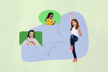 Image poster trend collage of happy small kid girl parent dad mother woman man bubble communication chatterbox speech tell