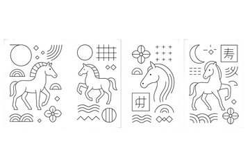 Obraz premium Chinese New Year 2026, Year of the Horse card set. Minimalistic geometric design for Lunar New Year. Outline simple linear vector illustration with abstract asian symbols.