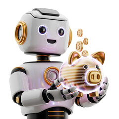 cute 3d robot holding glowing holographic piggy bank with floating coins isolated on transparent background futuristic ai financial mascot concept