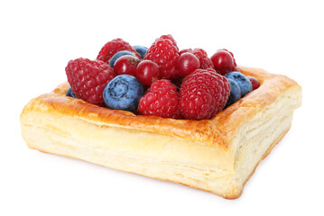 Yummy puff pastry with berries isolated on white