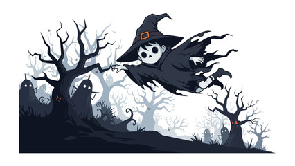 Spooky Halloween Scene: An whimsical scene full of ghosts, trees and witch brings the Halloween spirit. This digitally created image conveys fun and thrills, making it ideal for spooky designs.