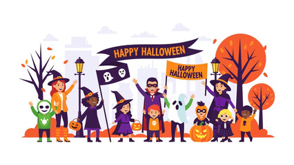 Halloween Festivities: A vibrant illustration capturing a diverse group of children reveling in the spirit of Halloween, adorned in creative costumes and embracing the joy of the holiday season.