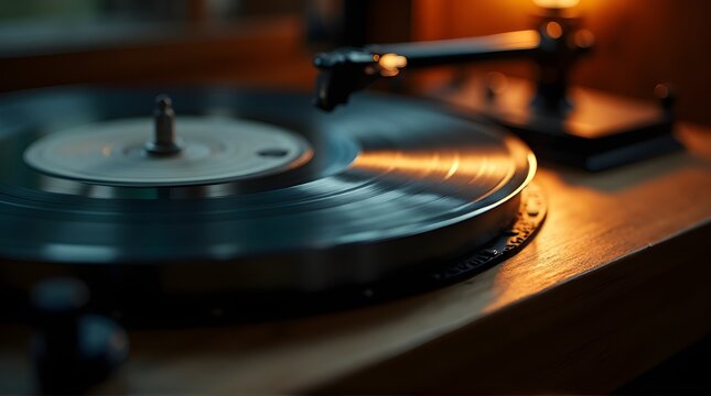 Warm Light Reflecting on a Spinning Vinyl Record on a Vintage Turntable