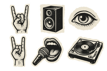 Rock music collage elements set in retro grunge halftone style. Vector sticker pack with hands horns sign, speaker, mouth singing in microphone, vinyl player and eye icon.