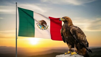 A majestic Golden Eagle perched on a rock with the Mexican flag waving in the background. A powerful symbol of national pride and freedom set against a beautiful sunset.