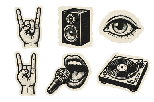 Rock music collage elements set in retro grunge halftone style. Vector sticker pack with hands horns sign, speaker, mouth singing in microphone, vinyl player and eye icon.