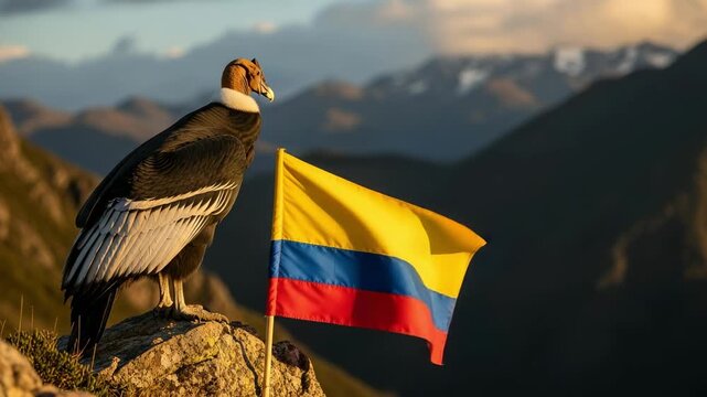 Majestic Andean Condor, the national bird of Colombia, perched on a mountain rock next to the Colombian flag at sunrise.
