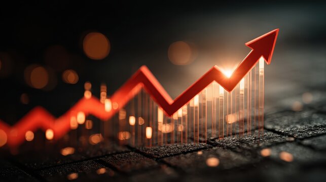 Ascending arrow and bar graph with upward trend over a circuit board indicating increasing profits, growth, or success