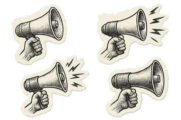 Set of hands holding megaphones. Retro loudspeaker for announcement, protest, or propaganda. Torn paper sticker for collage. Hand-drawn vintage vector illustration.