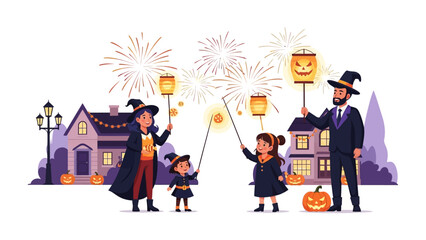 Spooky Halloween Night: A family enjoys a festive Halloween night, illuminating the night with jack-o'-lanterns, against a backdrop of fireworks and eerie house.