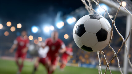Dramatic Close Up Soccer Ball Inside the Net Celebrating Goal Moment. Ai Generated Images