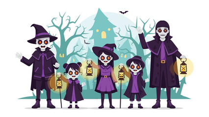 Halloween Family Costume: A family dressed in spooky Halloween costumes gather, holding lanterns against the backdrop of a haunted house. Spooky atmosphere and festive spirit.