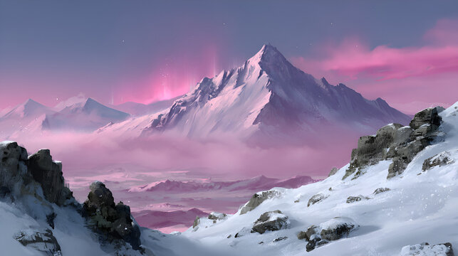 Digital Painting Winter Mountain Landscape with Pink Sky Scenery Illustration. Ai Generated Images - Powered by Adobe