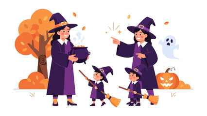Halloween Witch Family: A whimsical cartoon depicts a Halloween witch family, exuding joy as they celebrate Halloween surrounded by festive decorations.