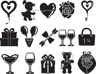 Celebration icons: gifts, hearts, balloons, wine, teddy bear