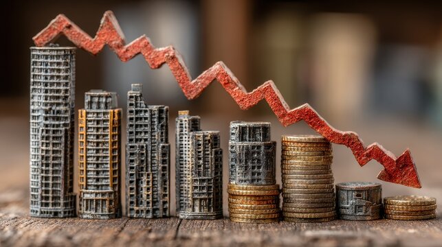 Red arrow points down across miniature city buildings and stacks of coins against a blurred city background at night, indicating market decline - Powered by Adobe