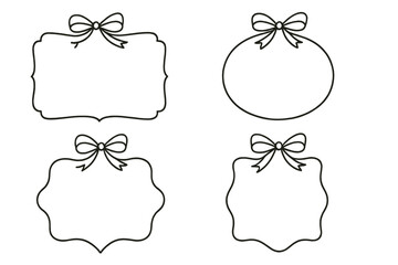 Set of elegant decorative frames with ribbon bows. Hand-drawn line art contours. Vector illustration for invitations, cards, labels, and tags. Vintage border design elements.