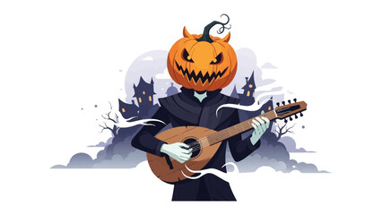 Halloween pumpkin-head musician: A captivating illustration of a pumpkin-headed figure, a Halloween icon, playing a lute against a haunting backdrop of a gothic castle silhouette.