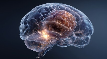 Brain Tumour Awareness Week. 3D render of a human brain with semi-transparent layers showing a tumour inside, glowing highlight on affected area