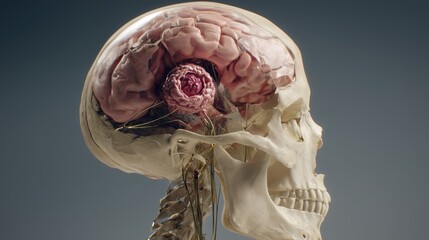 Brain Tumour Awareness Week. 3D exploded anatomical model of human skull and brain with highlighted tumour in parietal lobe