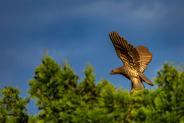 An eagle with spread wings made of golden brass against a blue sky, a golden bird