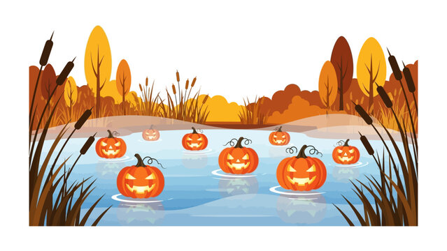 Halloween Pumpkins on Water: Halloween comes alive with vibrant carved pumpkins afloat on serene waters, surrounded by an autumnal landscape with colorful trees and plants.