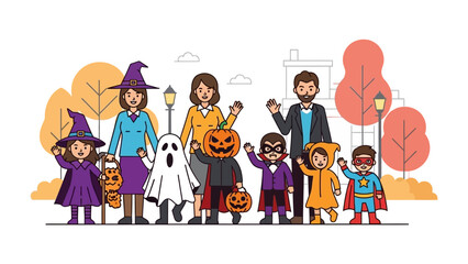 Halloween Family Gathering: A vibrant illustration captures a family dressed in Halloween costumes, joyfully waving amidst autumn foliage and spooky decorations.